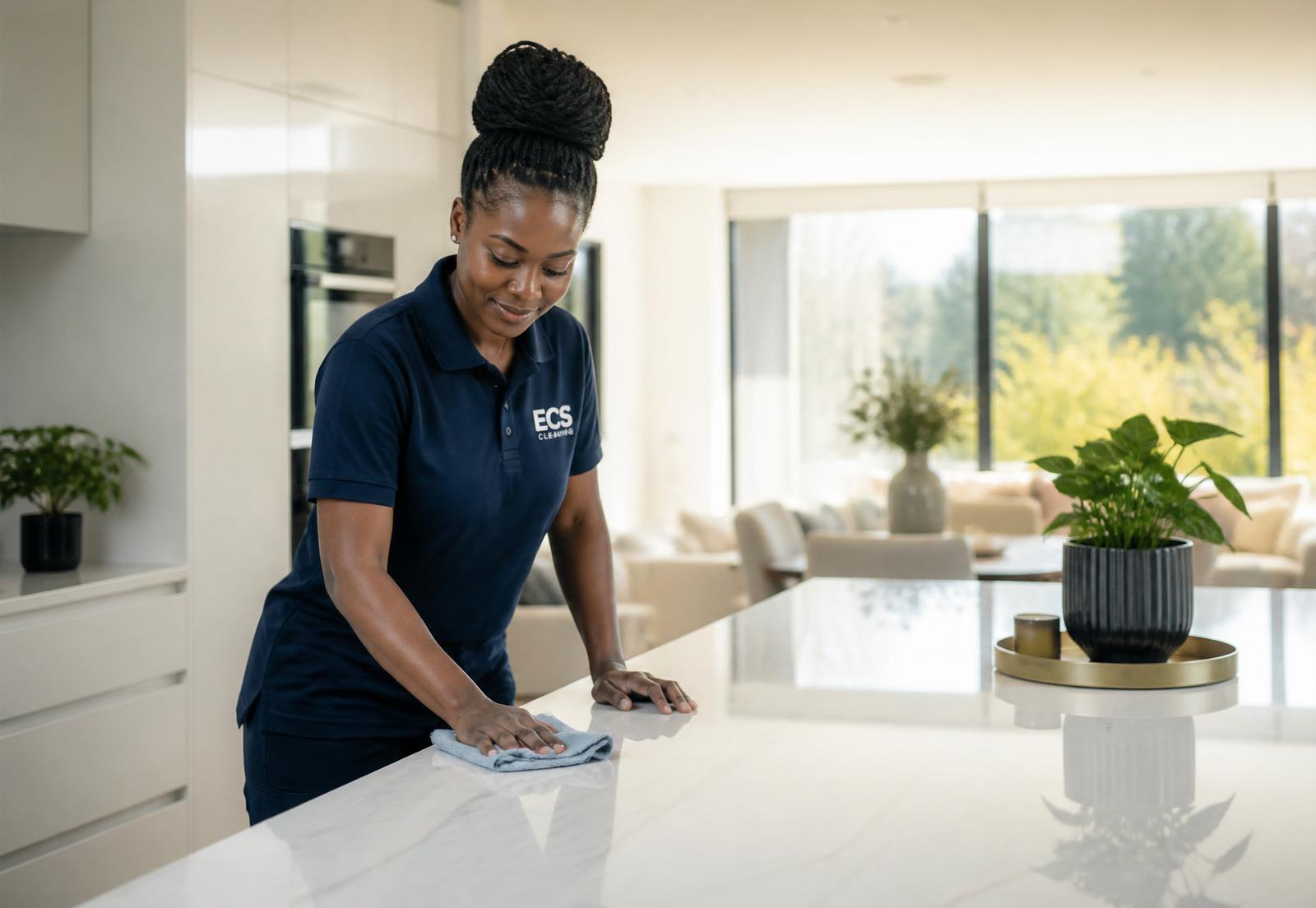 Professional ECS cleaner wiping a modern white kitchen countertop in a Milton Keynes home