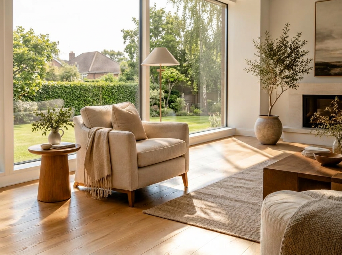 A calm, sunlit living room with a tidy sofa, a mug of tea and fresh flowers on a clean coffee table